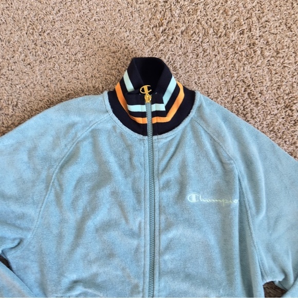 Champion Turquoise Jacket Casual Sport Velor Bomber Mens Size Large Full Zip - Picture 5 of 8